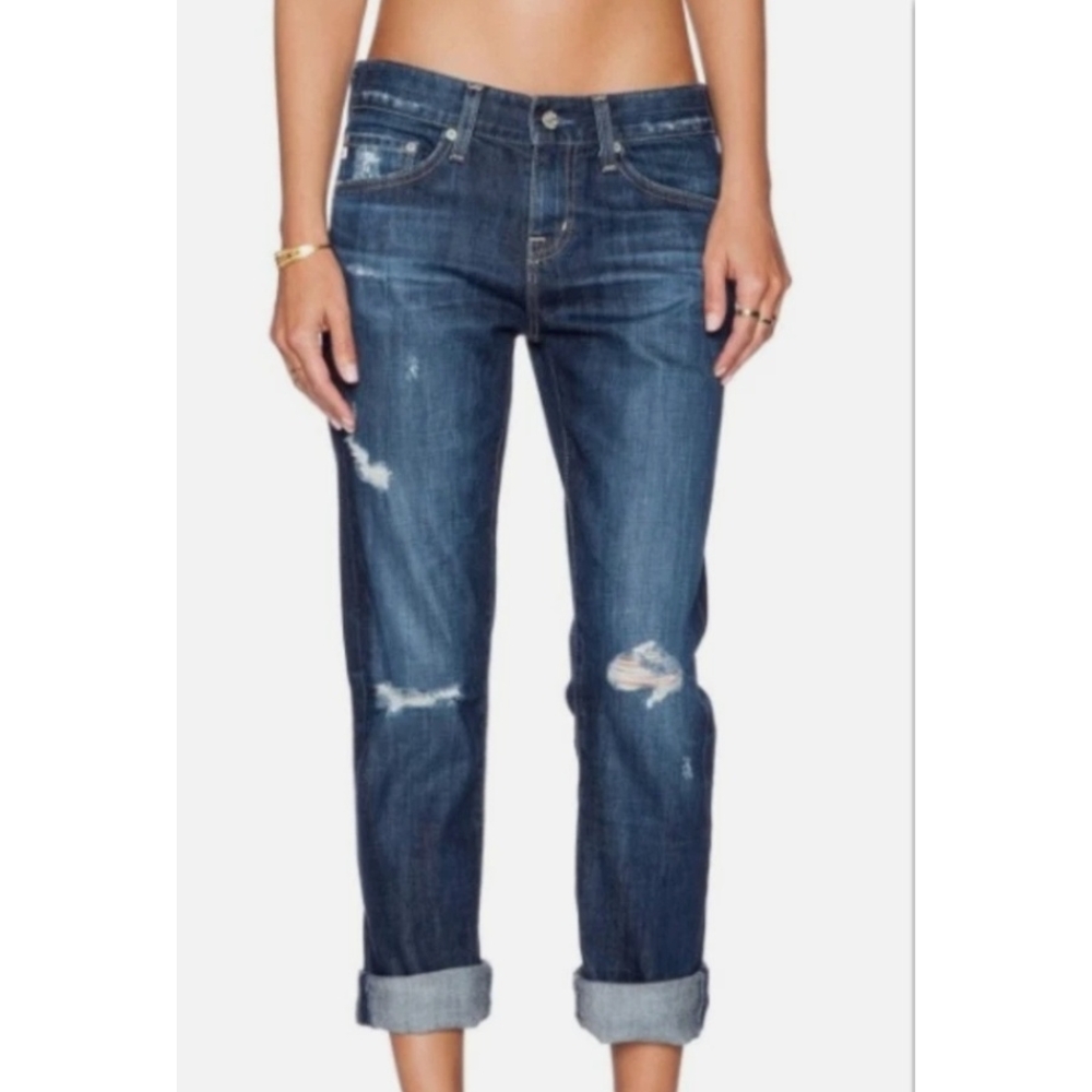 AG Adriano Goldschmied Ex-boyfriend Slouchy Slim Jeans Dark Blue Distressed 24